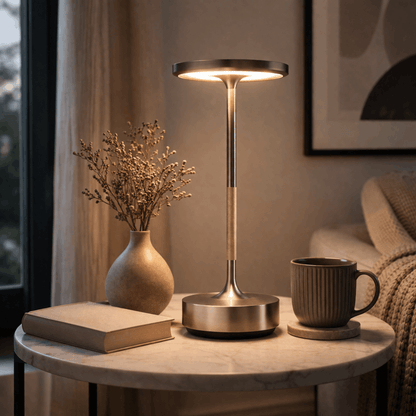Moderne zilver tafellamp met slanke voet en ronde lichtbron, geplaatst op een bijzettafel naast een boek en mok.