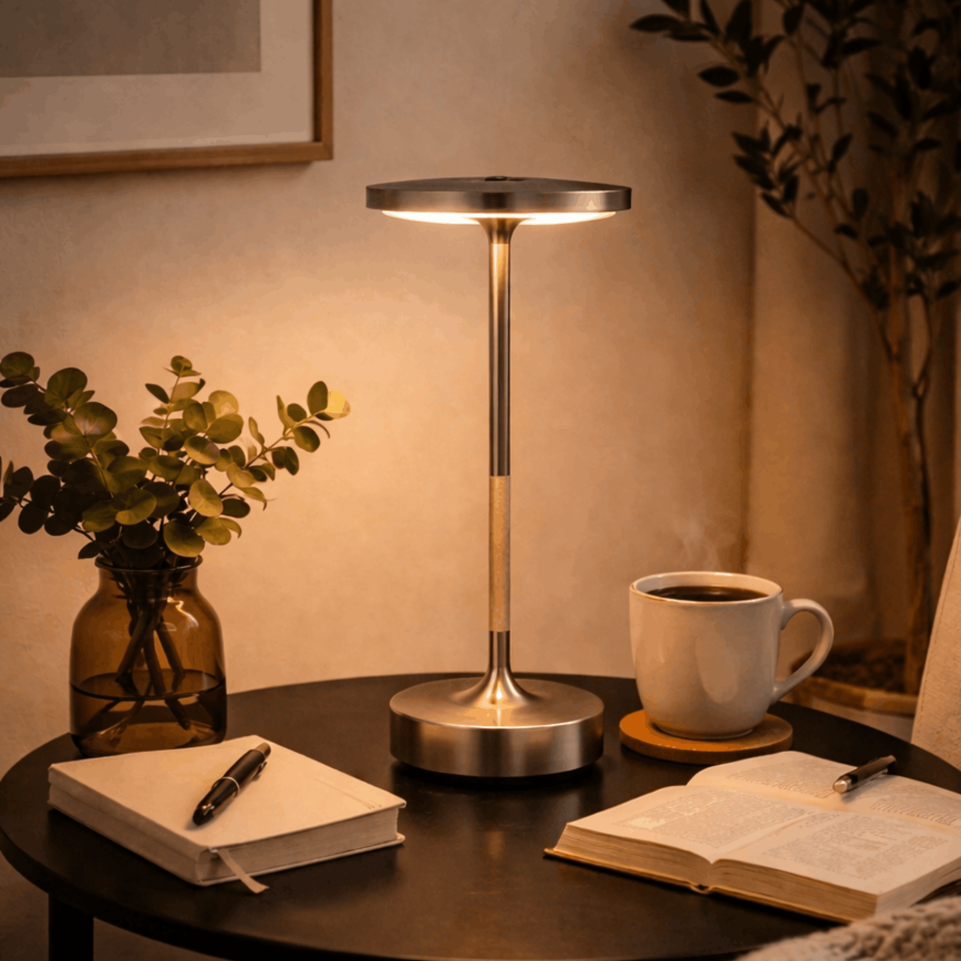 Moderne zilver tafellamp met slanke voet en ronde lichtbron, geplaatst op een tafel naast boeken en een kop koffie.