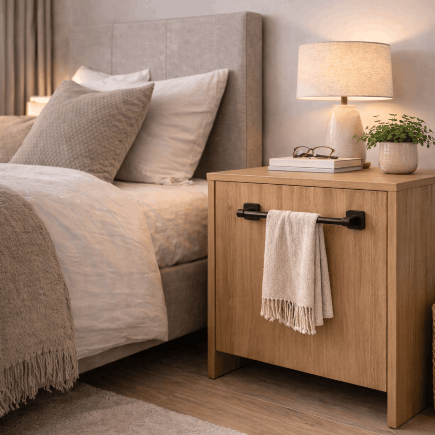 Zwart metalen handdoekrek gemonteerd aan een houten nachtkastje met een beige handdoek eraan.