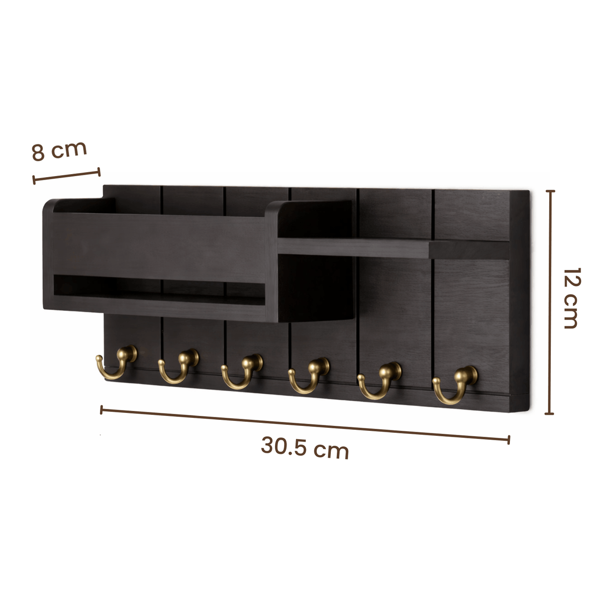Zwart houten wandrek met sleutelhaken en opbergvak, met afmetingen van 30,5 cm breed en 12 cm hoog.
