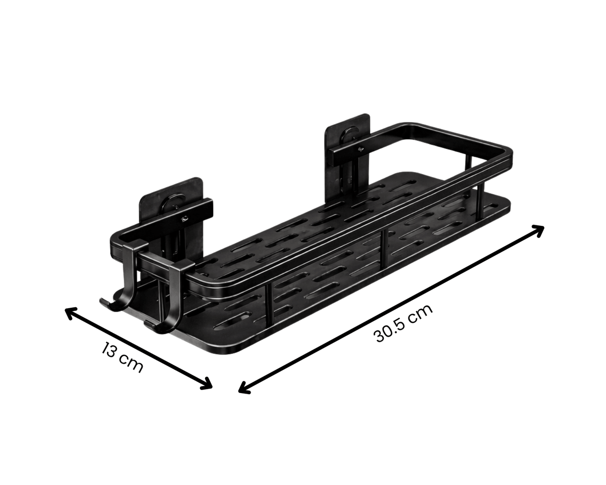 Zwart wandgemonteerd doucherek van 30,5 cm breed met opbergplank en haken, ideaal voor shampoo, douchegel en badaccessoires.