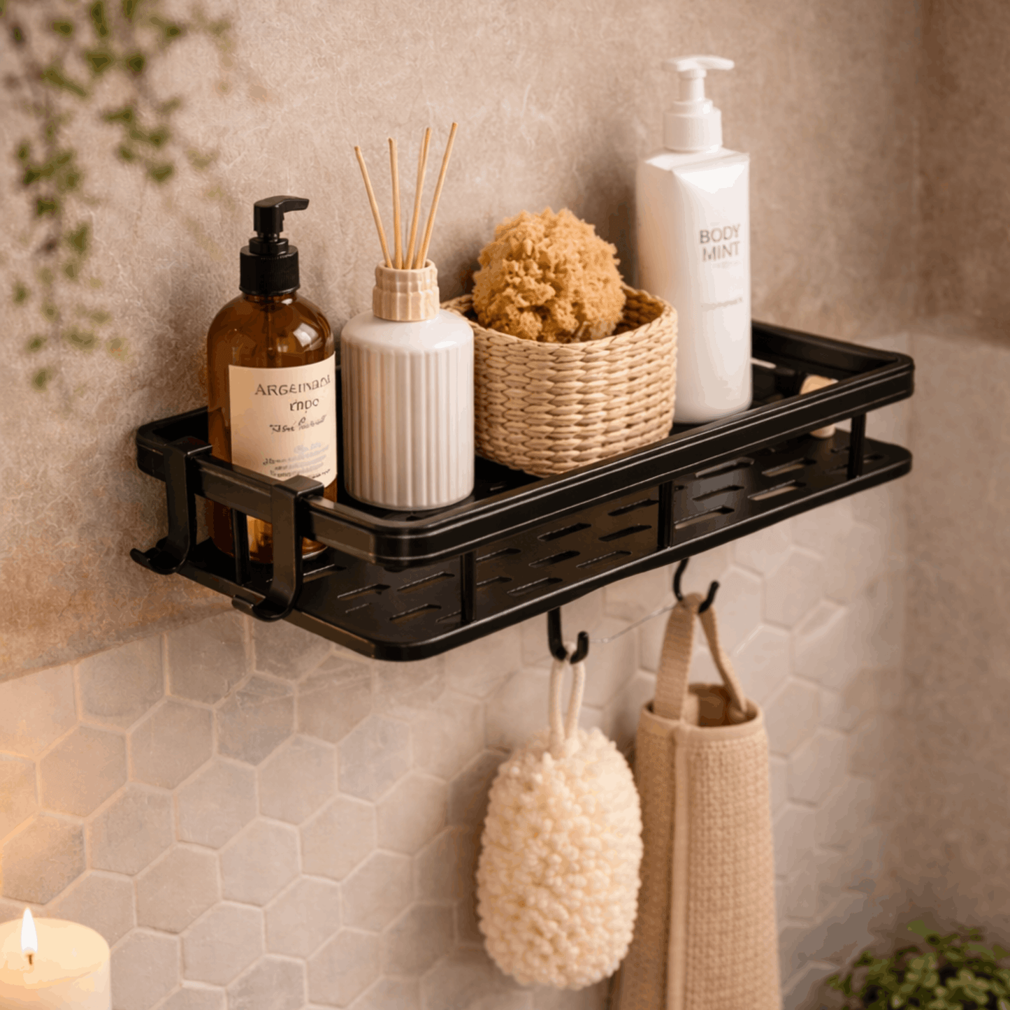 Zwart wandgemonteerd doucherek met plank en haken voor shampoo, accessoires en badspons, bevestigd aan een badkamerwand.