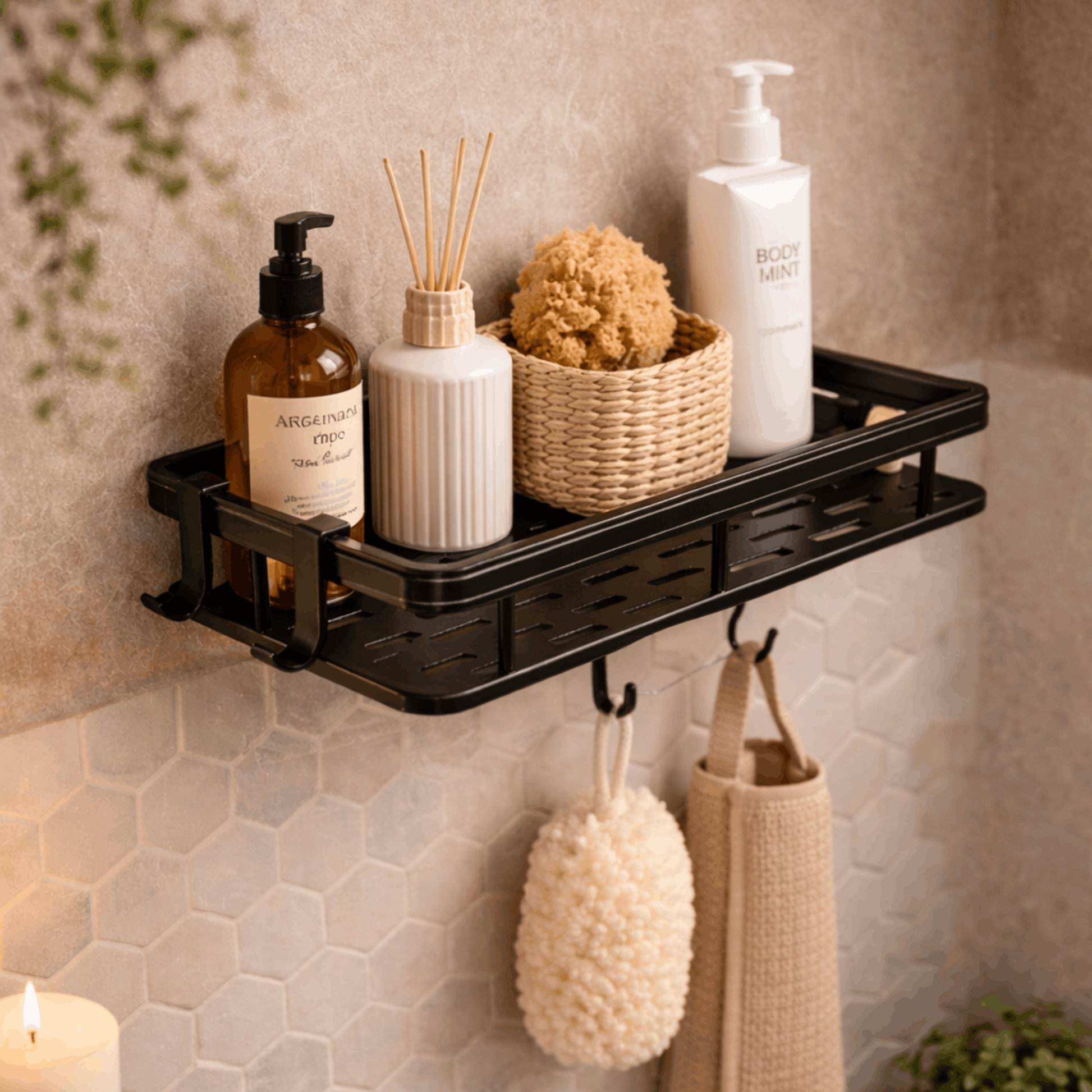 Zwart wandgemonteerd doucherek met plank en haken voor shampoo, accessoires en badspons, bevestigd aan een badkamerwand.