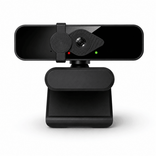 Zwarte 4K Webcam USB met ingebouwd lenskapje en verstelbare monitorclip.
