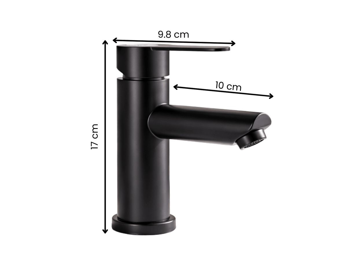 Moderne zwarte badkamerkraan voor warm en koud water met afmetingen van 17 cm hoog, 10 cm uitloop en 9,8 cm hendel.