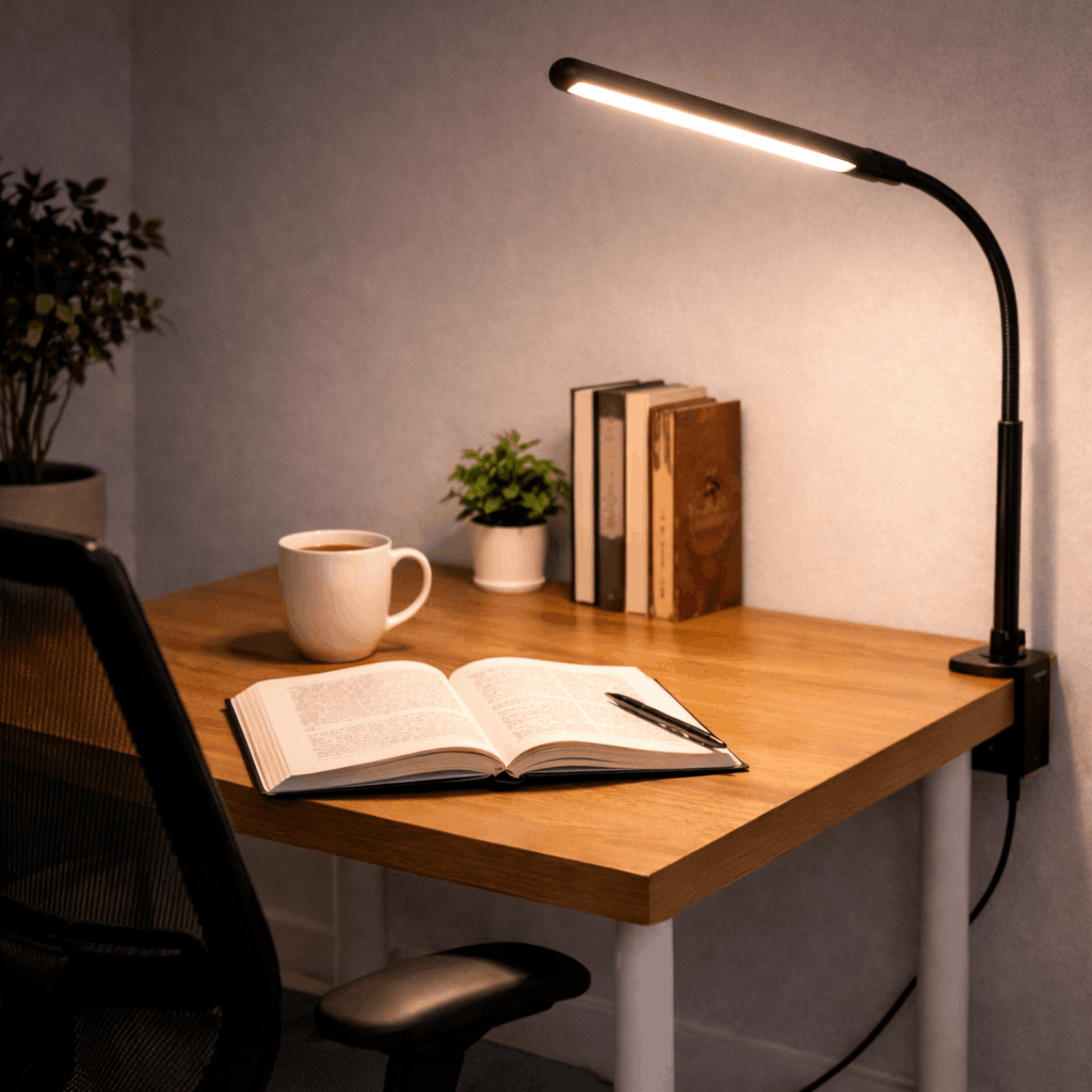 Zwarte bureaulamp met flexibele arm en smalle led lichtbalk, geplaatst op een tafel naast een bank voor gericht licht.