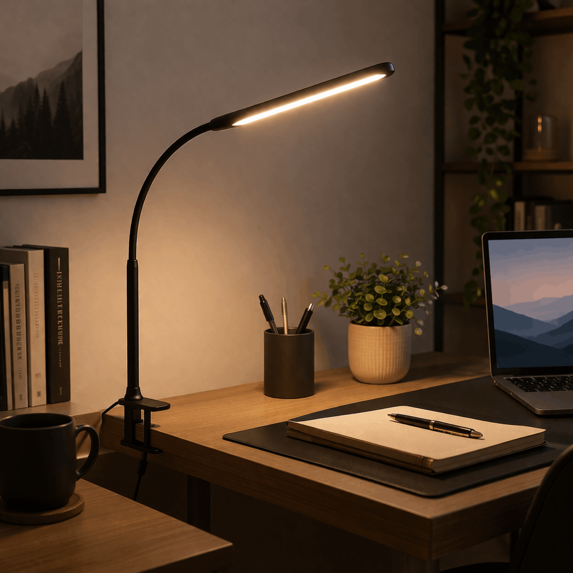 Zwarte bureaulamp met flexibele arm en smalle lichtbalk, geplaatst op een bureau naast laptop en notitieboek voor gericht licht.