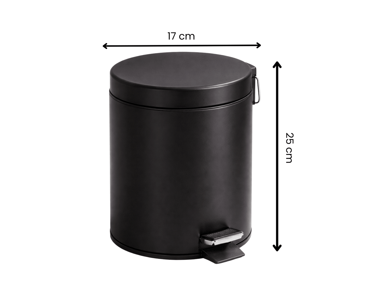 Zwarte cilindrische prullenbak met pedaal en deksel, met afmetingen van 17 cm diameter en 25 cm hoogte.