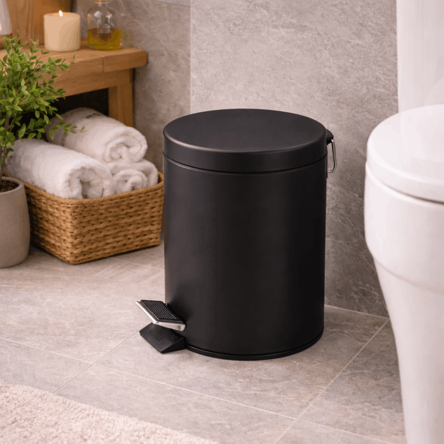 Zwarte cilindrische prullenbak met pedaal en deksel, geplaatst op de vloer naast een toilet in een moderne badkamer.