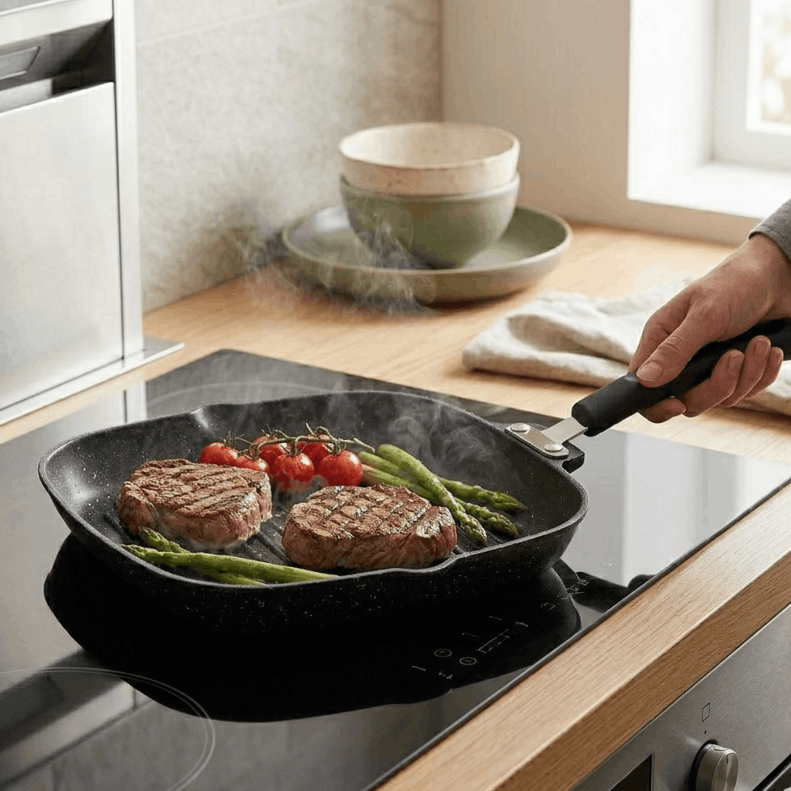 Zwarte grill koekenpan met biefstuk, asperges en tomaatjes op een inductiekookplaat.