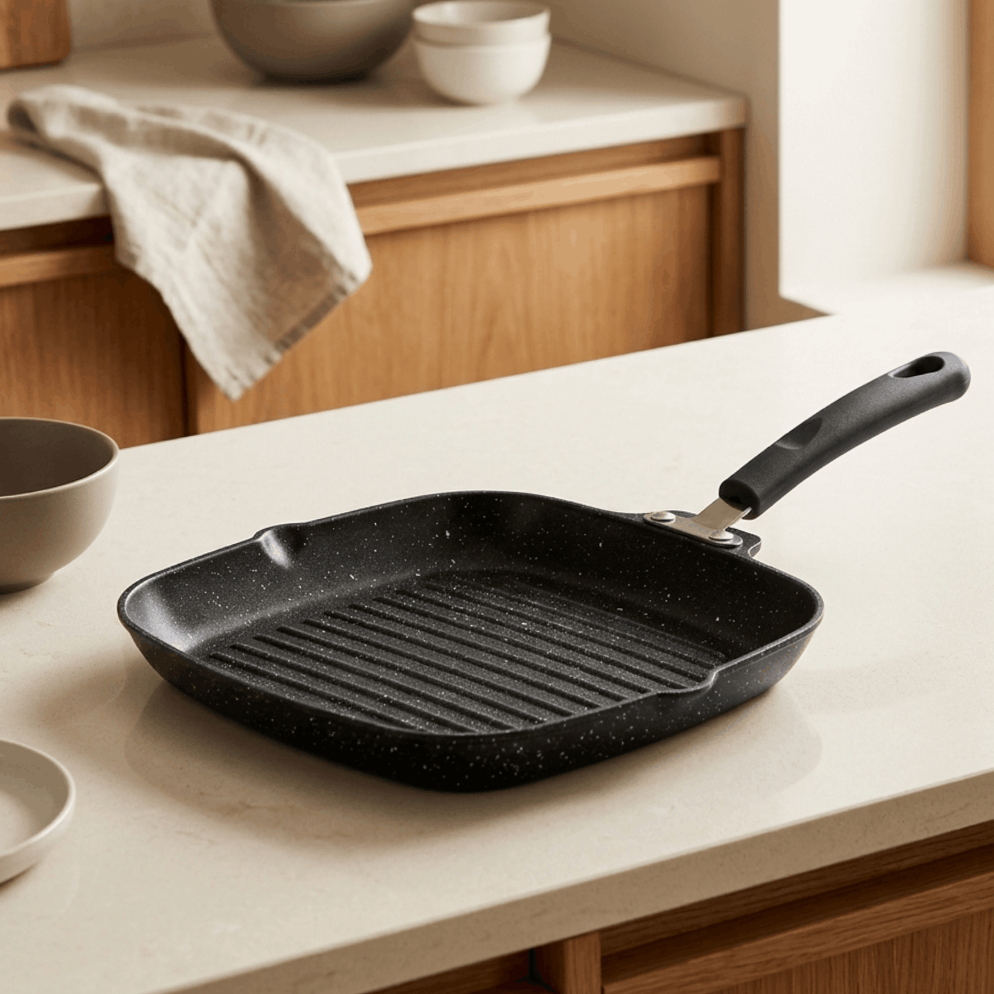 Zwarte vierkante grill koekenpan met geribbelde bodem op een licht keukenaanrecht.
