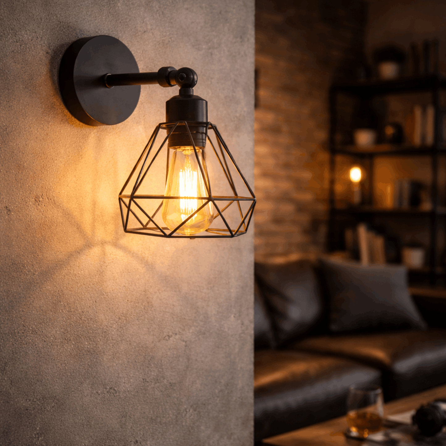 Zwarte industriële wandlamp met metalen kooi en warme lichtbron, gemonteerd aan de muur in een sfeervolle woonkamer.