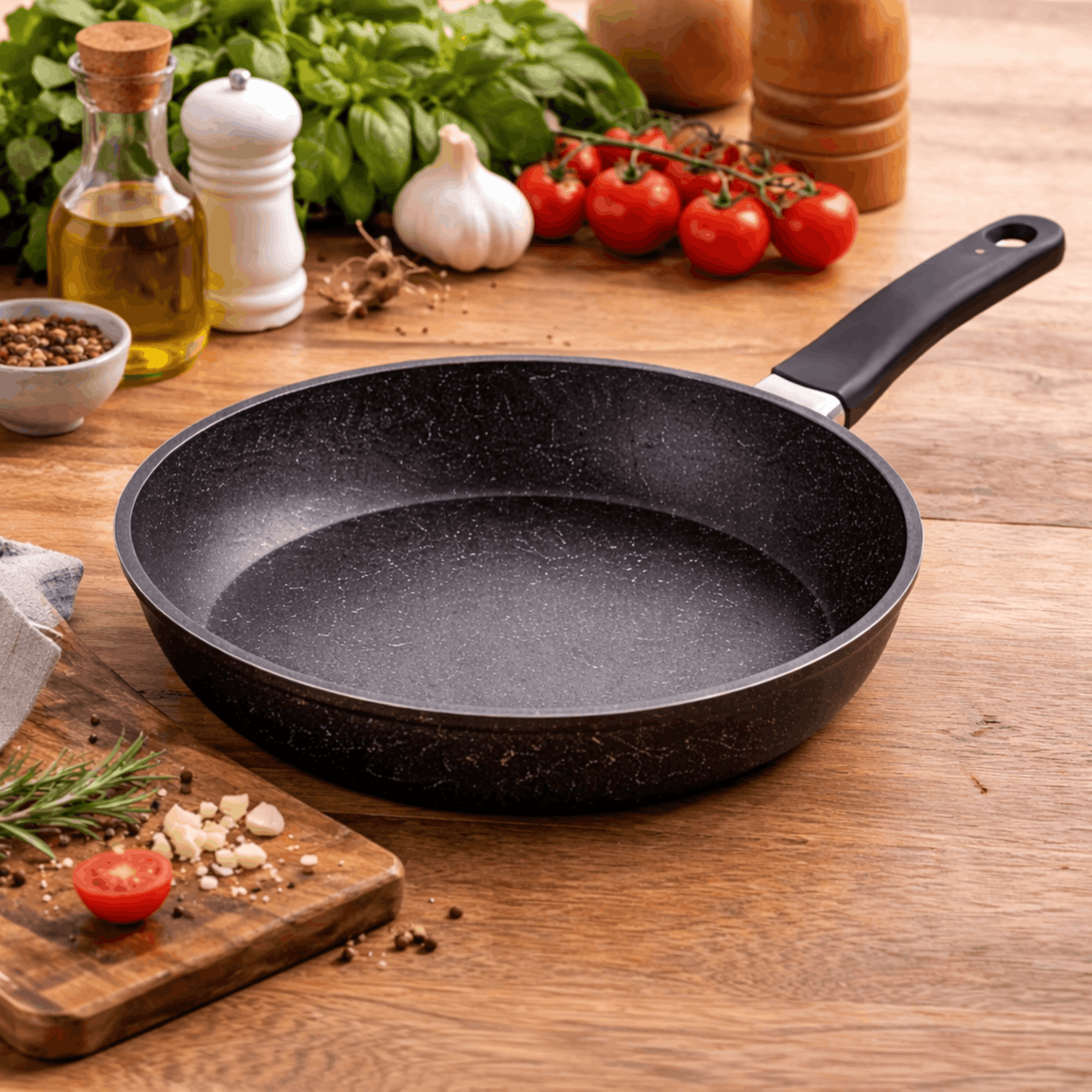 Zwarte koekenpan met antiaanbaklaag en lange handgreep, geplaatst op een houten aanrecht met ingrediënten eromheen.