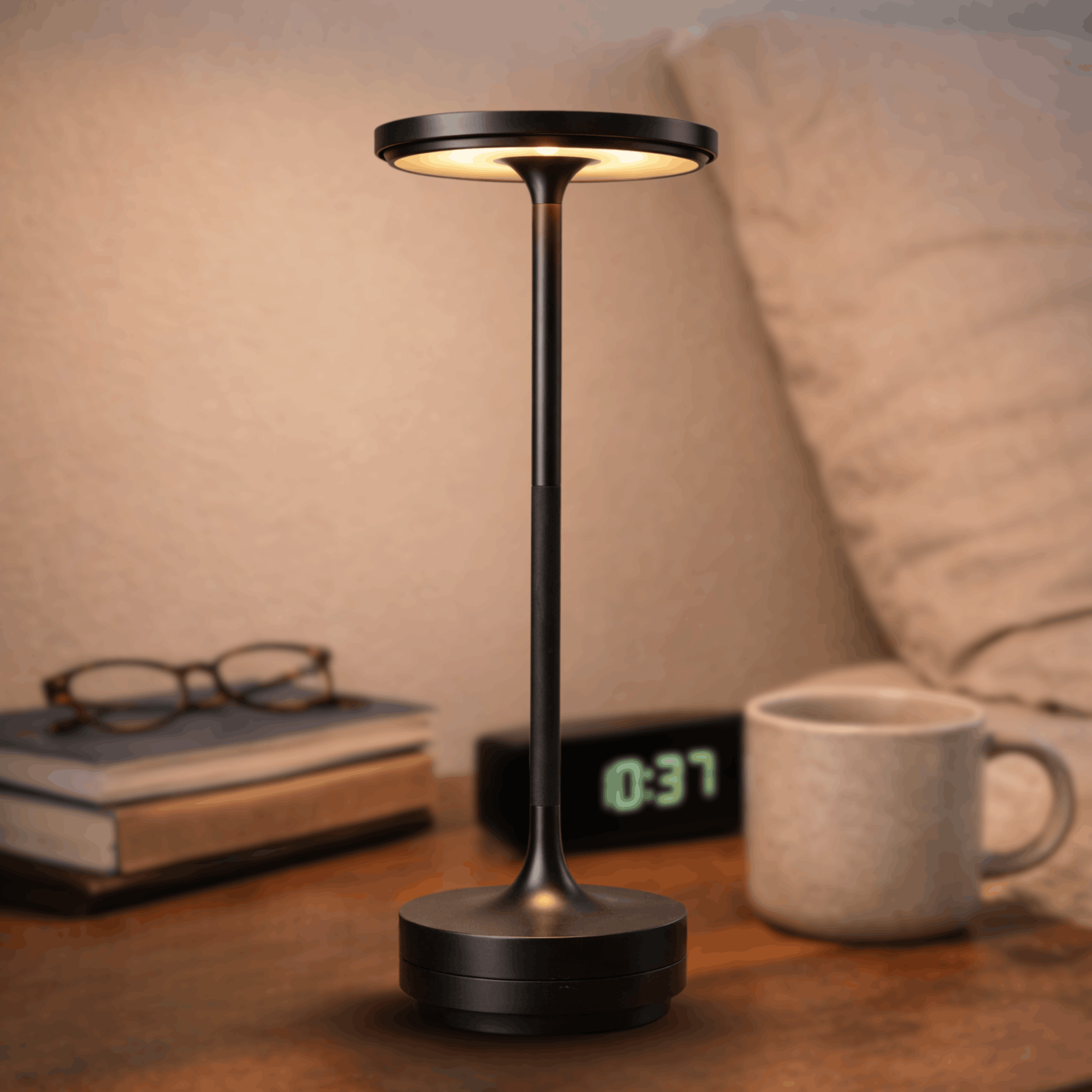 Moderne zwarte tafellamp met slanke voet en ronde lichtbron, geplaatst op een nachtkastje naast een mok en boeken.