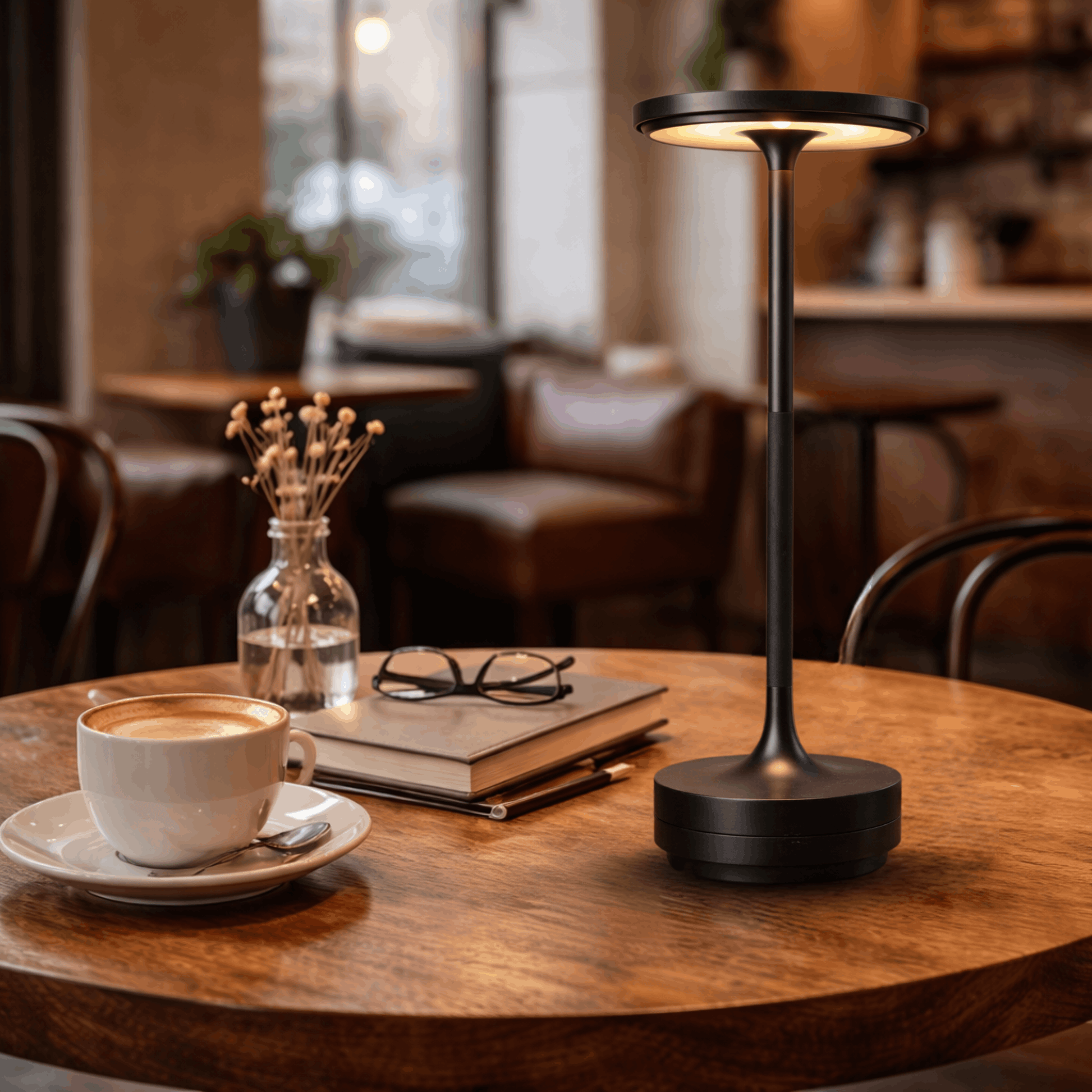 Moderne zwarte tafellamp met slanke voet en ronde lichtbron, geplaatst op een tafel naast een kop koffie en boeken.