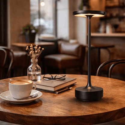 Moderne zwarte tafellamp met slanke voet en ronde lichtbron, geplaatst op een tafel naast een kop koffie en boeken.