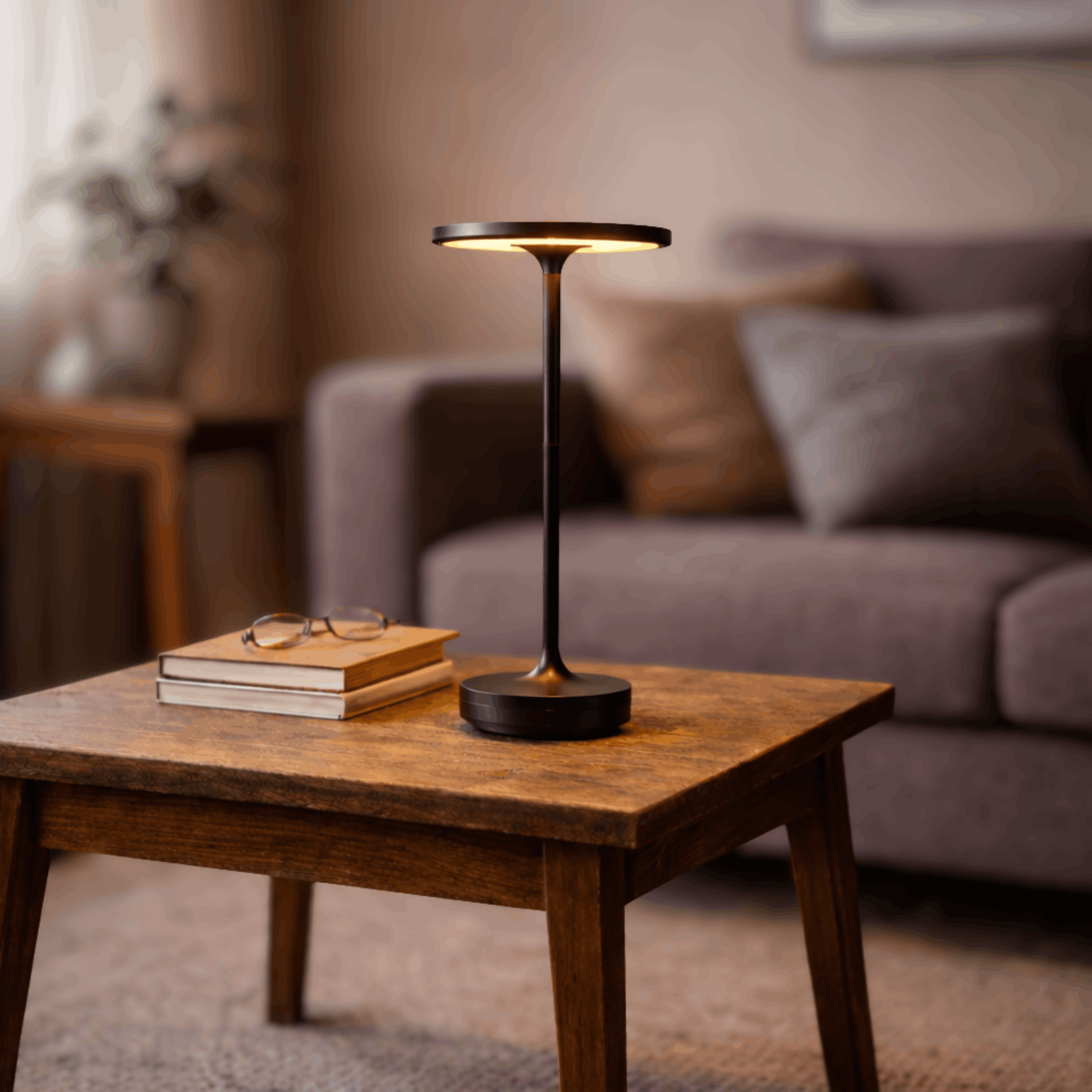 Moderne zwarte tafellamp met slanke voet en ronde lichtbron, geplaatst op een houten tafel naast een bank in de woonkamer.
