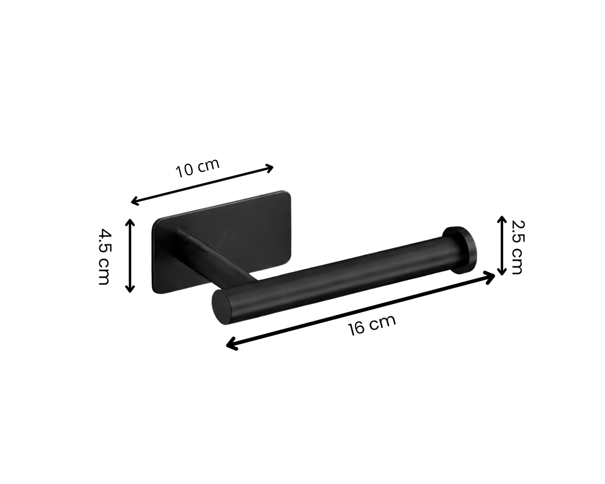Zwarte wandgemonteerde toiletrolhouder met afmetingen van 16 cm breed, 10 cm montageplaat, 4,5 cm hoogte en 2,5 cm stangdiameter.