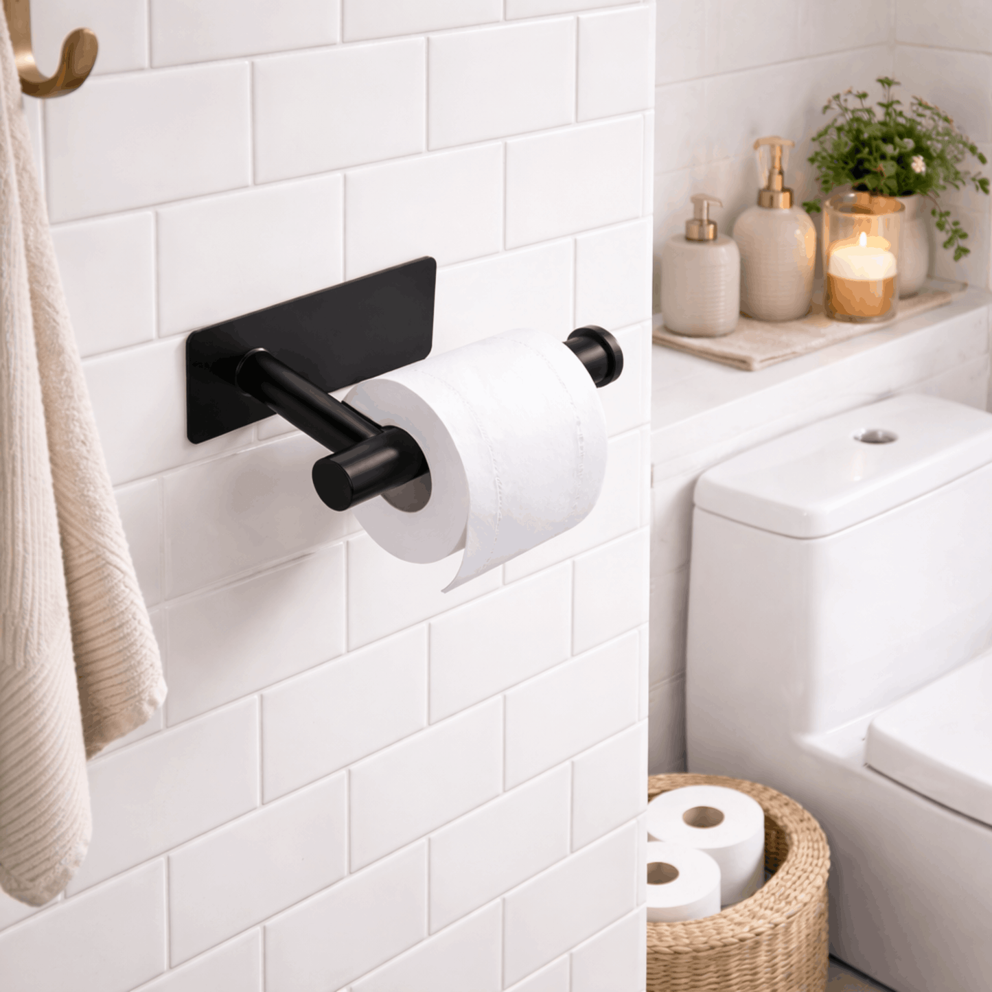 Moderne zwarte wandgemonteerde toiletrolhouder met toiletpapier, bevestigd op een witte tegelwand in een badkamer.