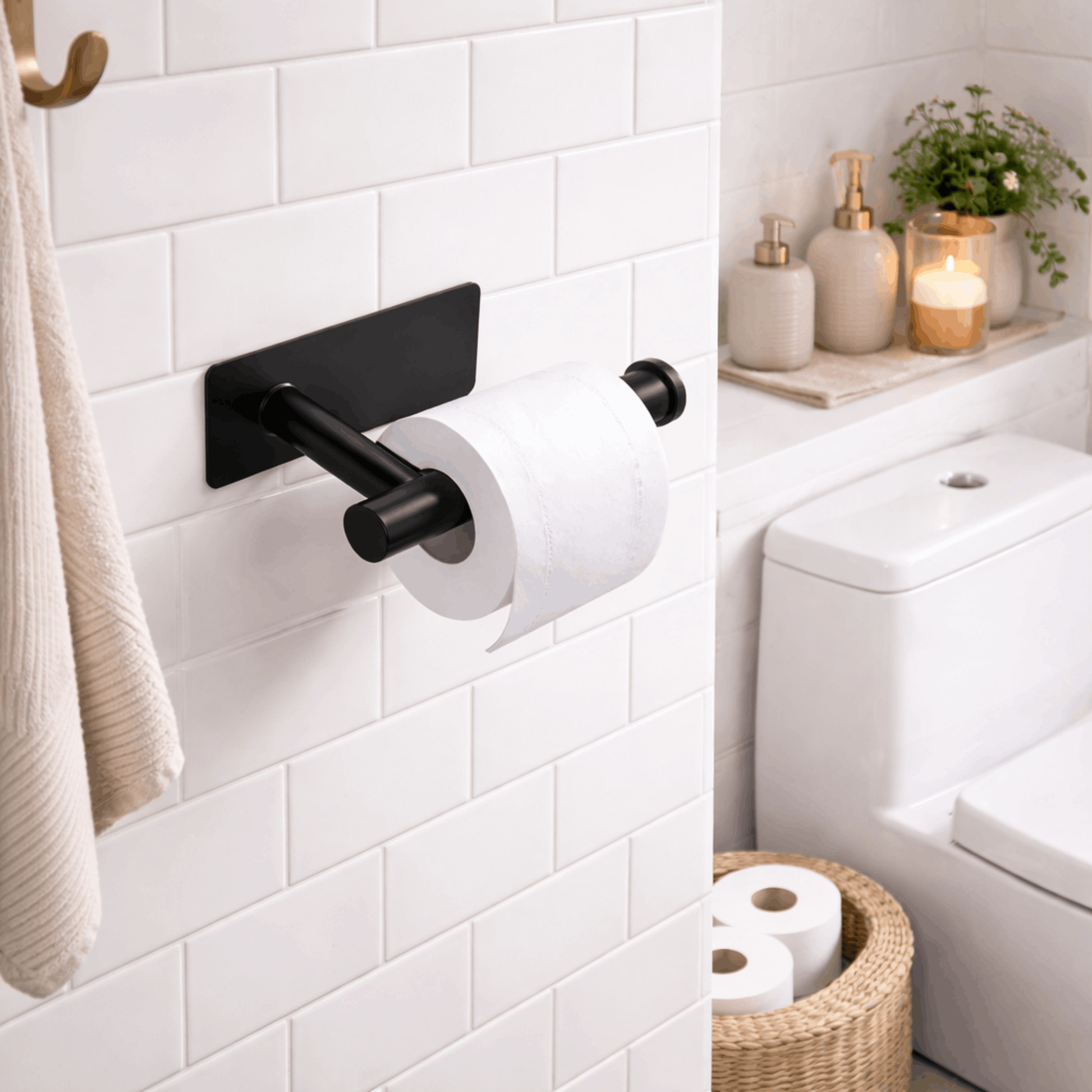 Moderne zwarte wandgemonteerde toiletrolhouder met toiletpapier, bevestigd op een witte tegelwand in een badkamer.