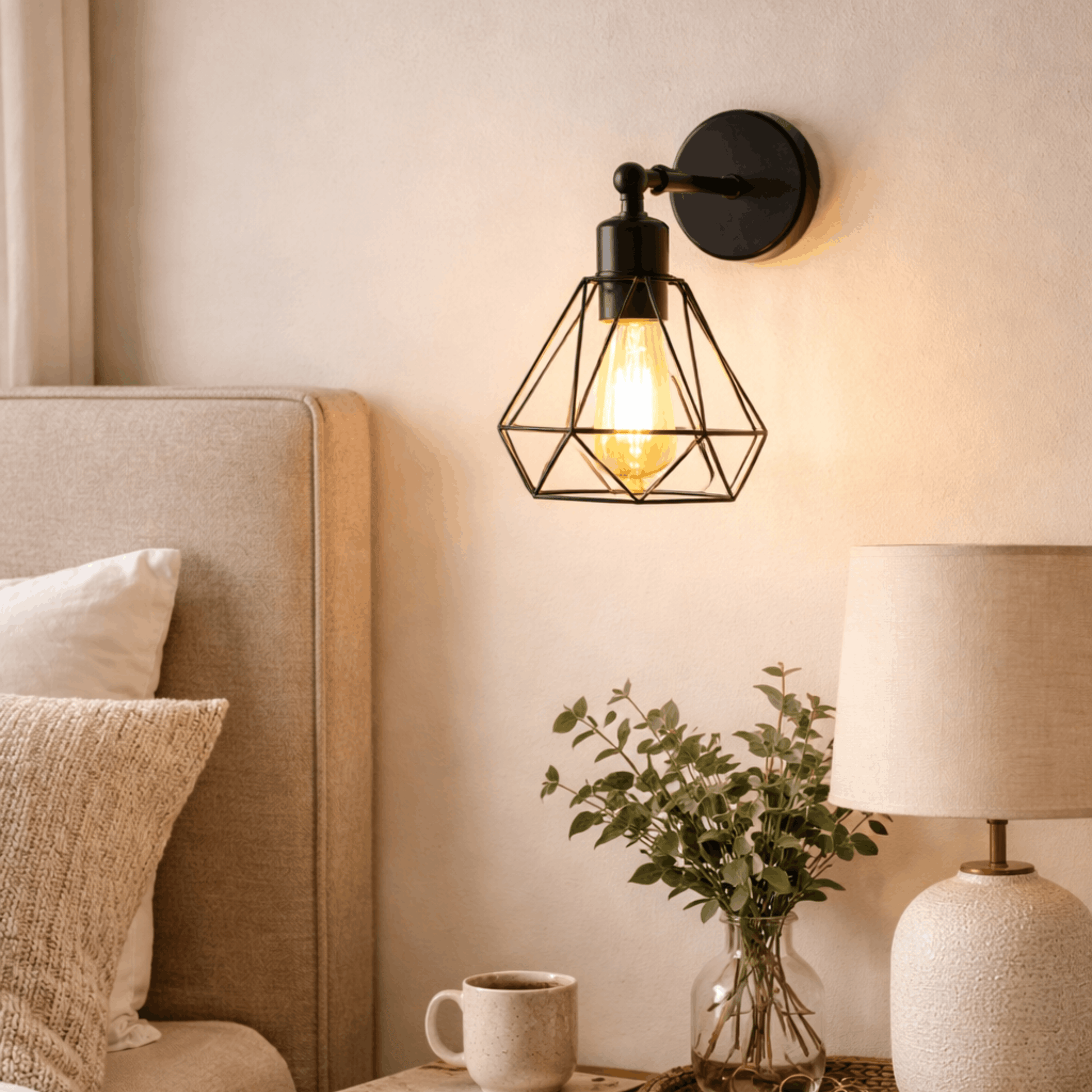 Zwarte wandlamp met metalen kooi en warme lichtbron, geplaatst naast een bed in een slaapkamer voor sfeervolle verlichting.