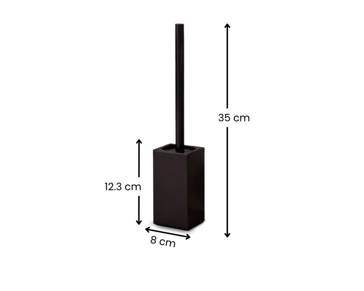Zwarte wc borstel met vierkante houder, 35 cm hoog en 8 cm breed, geschikt voor plaatsing naast het toilet.