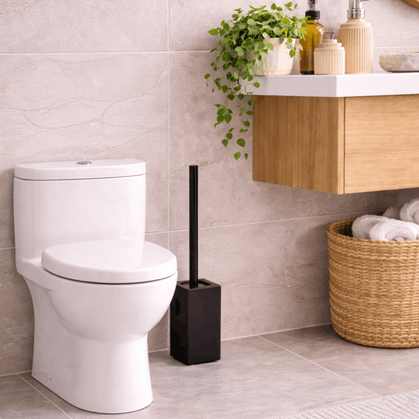 Zwarte wc borstel met vierkante houder, vrijstaand naast een toilet in een moderne badkamer.