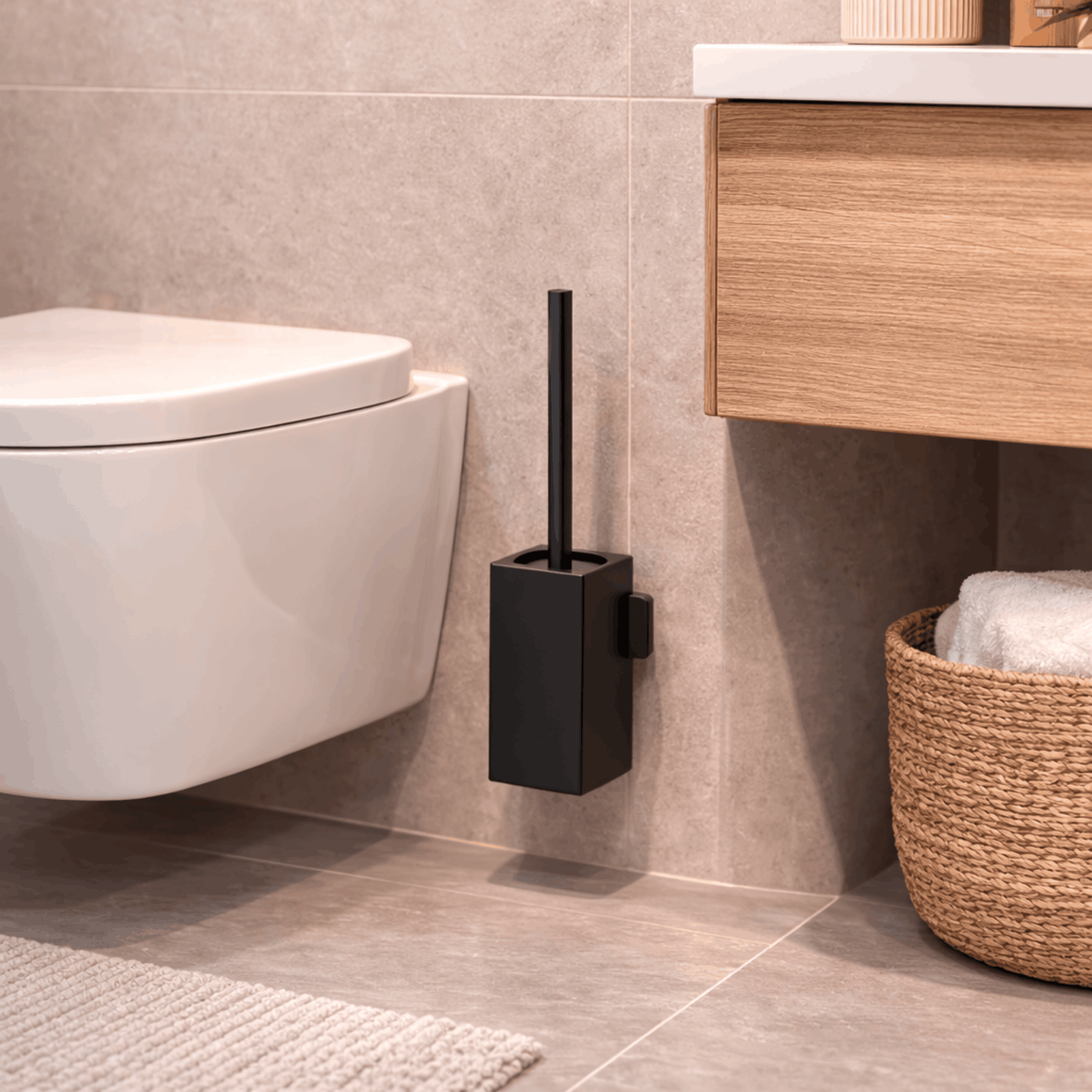 Zwarte wc borstel met houder voor wandmontage, bevestigd naast een hangtoilet in een moderne badkamer.