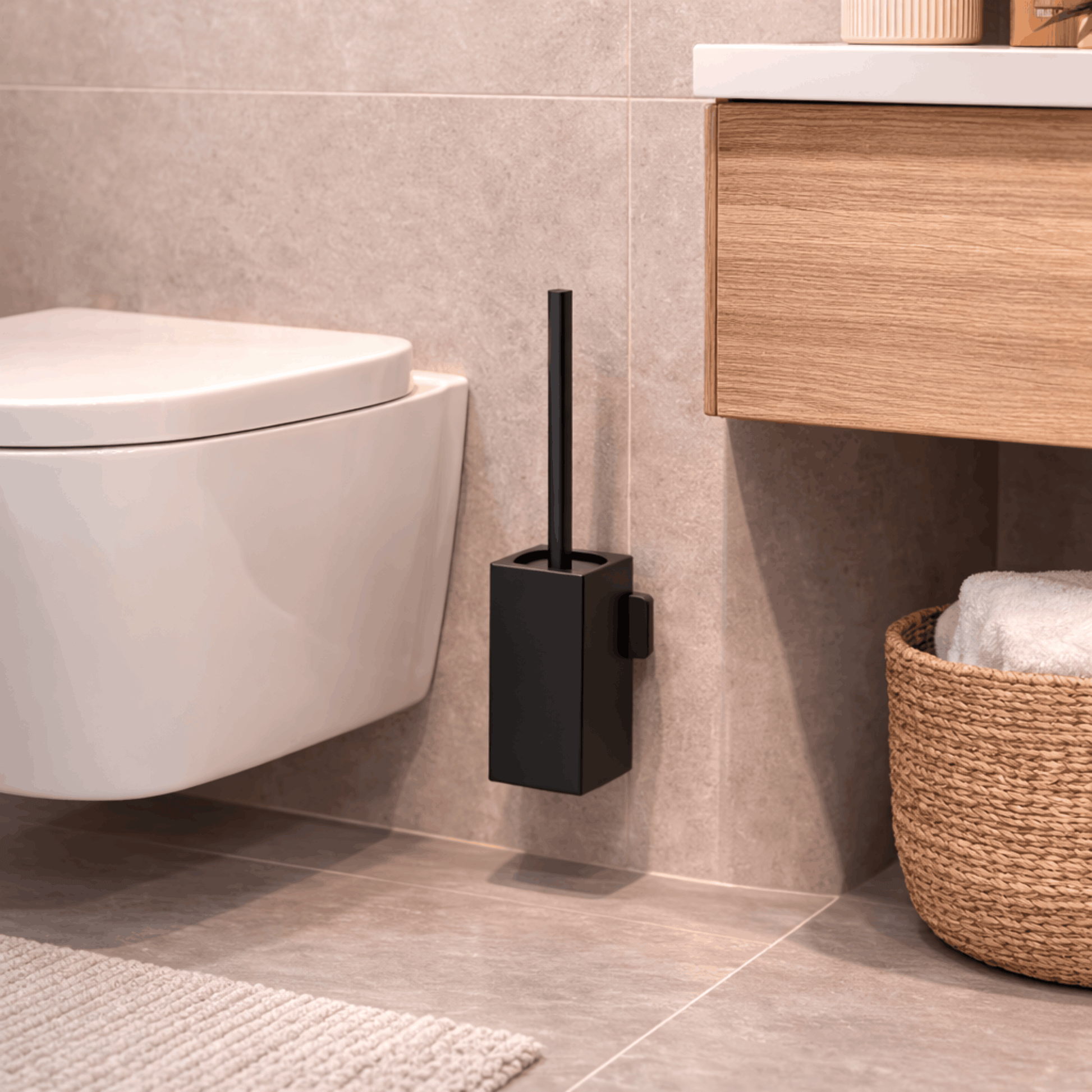 Zwarte wc borstel met houder voor wandmontage, bevestigd naast een hangtoilet in een moderne badkamer.